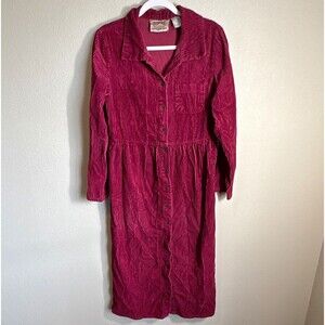 Studio Ease Women’s Corduroy Maxi Dress Burgundy Button Front Collared Size 10